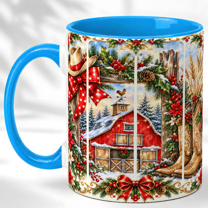 #pl[11oz|Blue] Ornate Western Christmas Coffee Mug, Cowboy Holiday Mug, Ceramic Cup