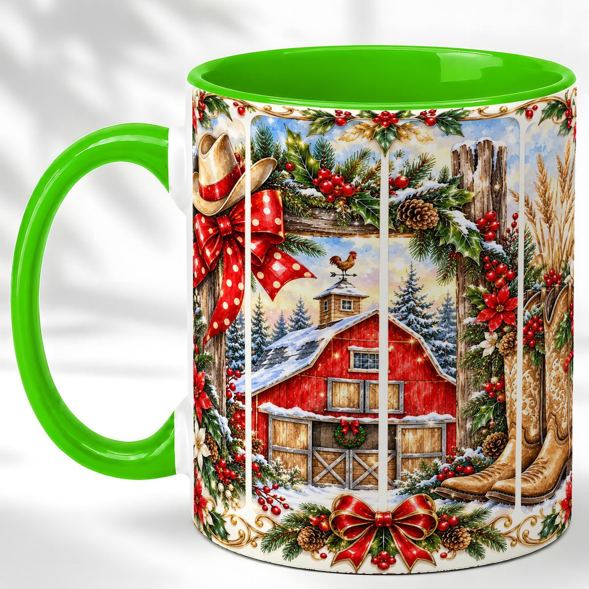 #pl[11oz|Green] Ornate Western Christmas Coffee Mug, Cowboy Holiday Mug, Ceramic Cup
