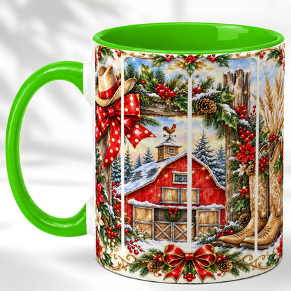 #pl[11oz|Green] Ornate Western Christmas Coffee Mug, Cowboy Holiday Mug, Ceramic Cup