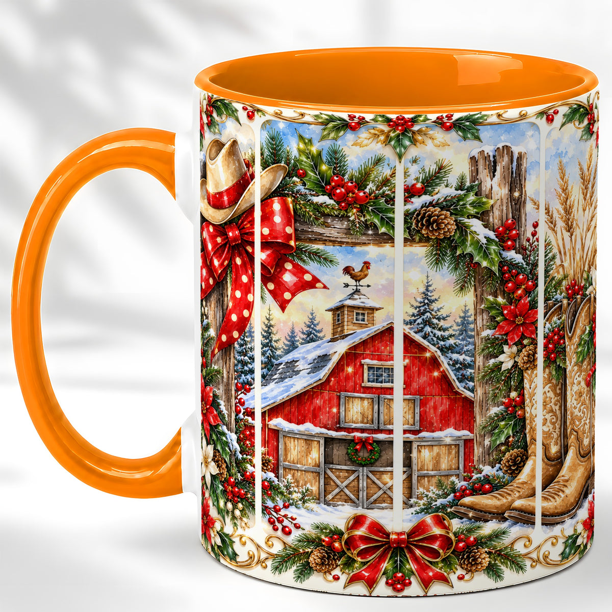 #pl[11oz|Orange] Ornate Western Christmas Coffee Mug, Cowboy Holiday Mug, Ceramic Cup