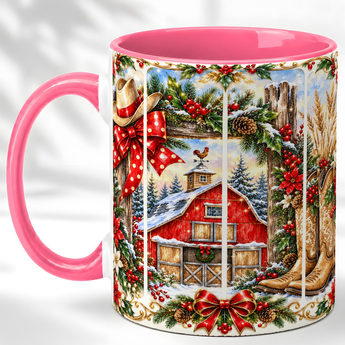 #pl[11oz|Pink] Ornate Western Christmas Coffee Mug, Cowboy Holiday Mug, Ceramic Cup