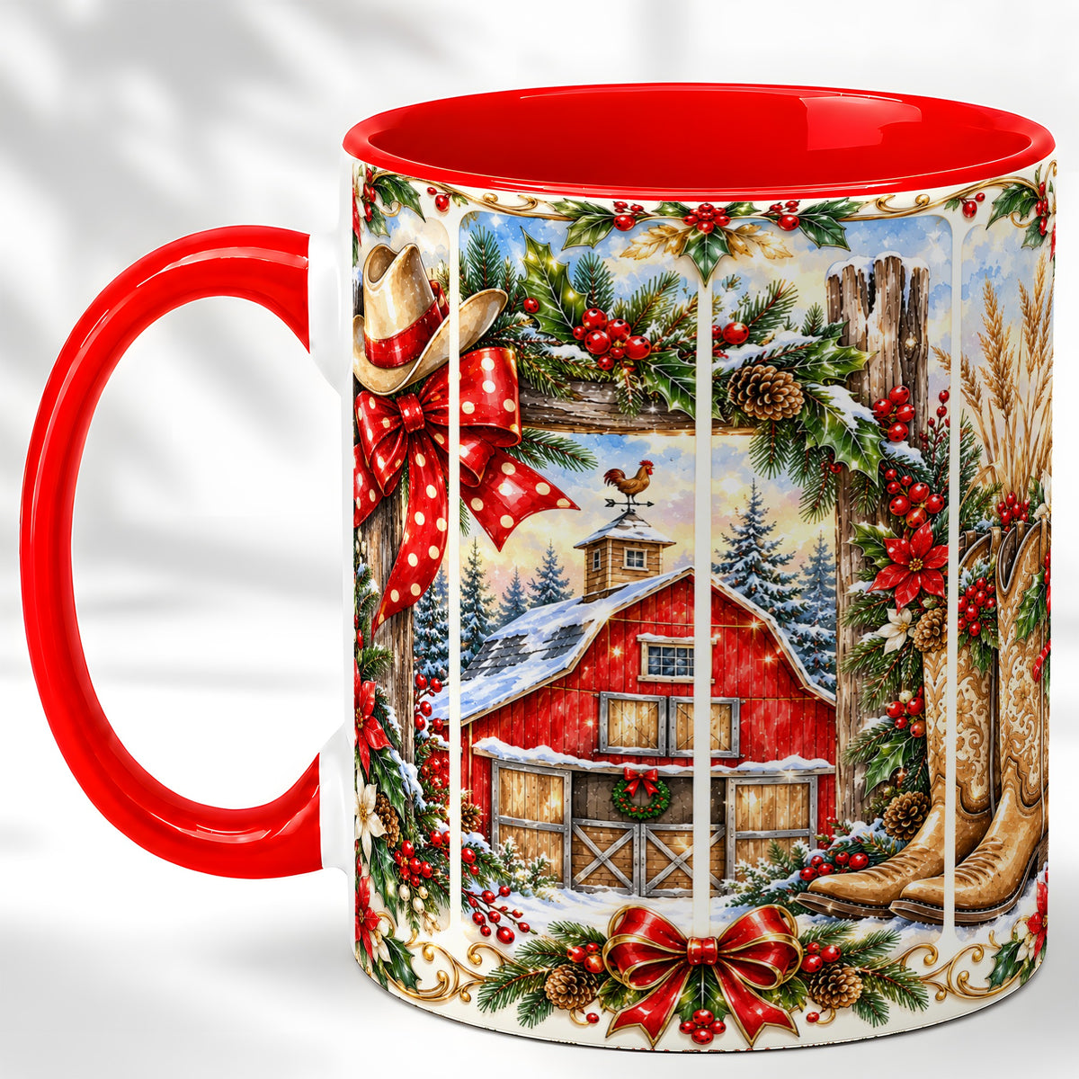 Ornate Western Christmas Coffee Mug, Cowboy Holiday Mug, Ceramic Cup