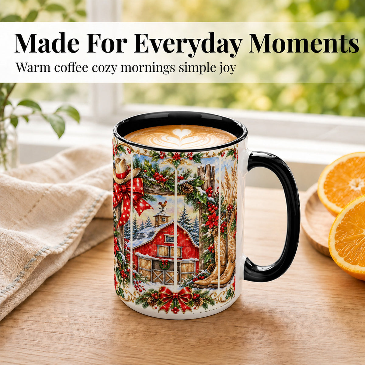 #pl[15oz|Black] Ornate Western Christmas Coffee Mug, Cowboy Holiday Mug, Ceramic Cup