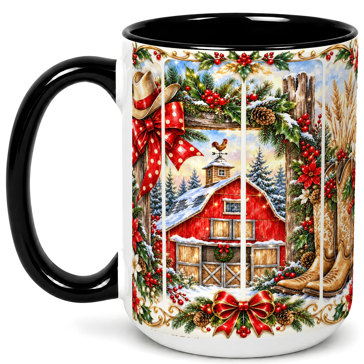 #pl[15oz|Black] Ornate Western Christmas Coffee Mug, Cowboy Holiday Mug, Ceramic Cup