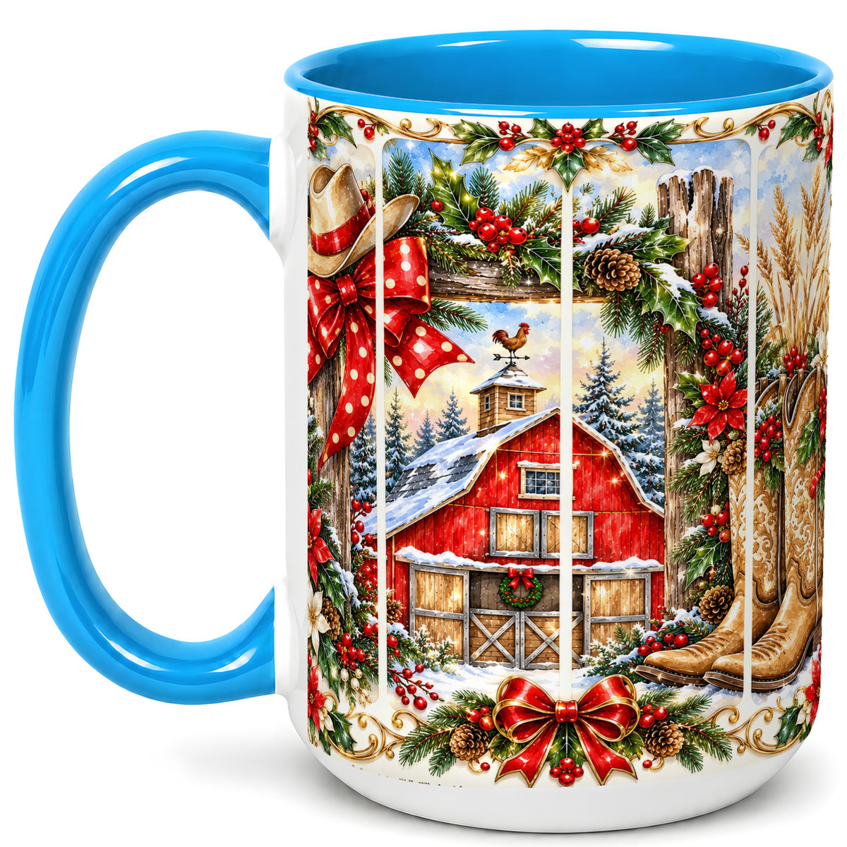 #pl[15oz|Blue] Ornate Western Christmas Coffee Mug, Cowboy Holiday Mug, Ceramic Cup