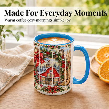 #pl[15oz|Blue] Ornate Western Christmas Coffee Mug, Cowboy Holiday Mug, Ceramic Cup