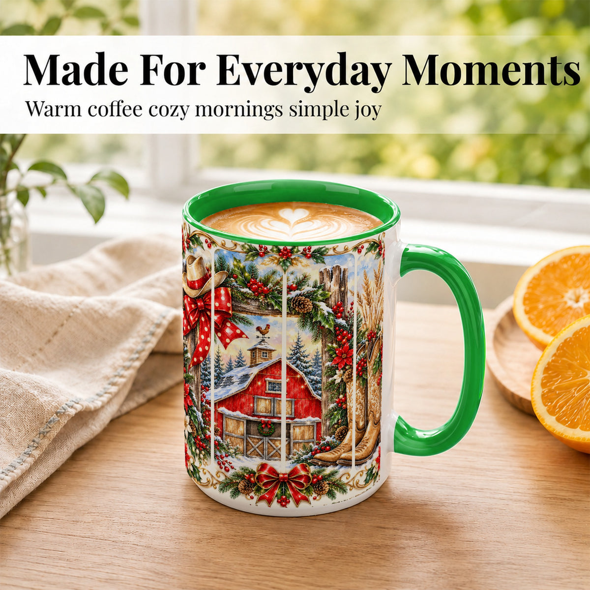 #pl[15oz|Green] Ornate Western Christmas Coffee Mug, Cowboy Holiday Mug, Ceramic Cup