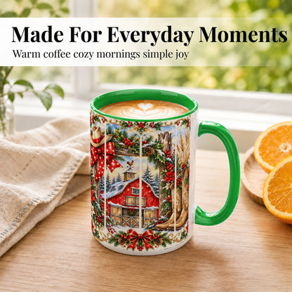 #pl[15oz|Green] Ornate Western Christmas Coffee Mug, Cowboy Holiday Mug, Ceramic Cup