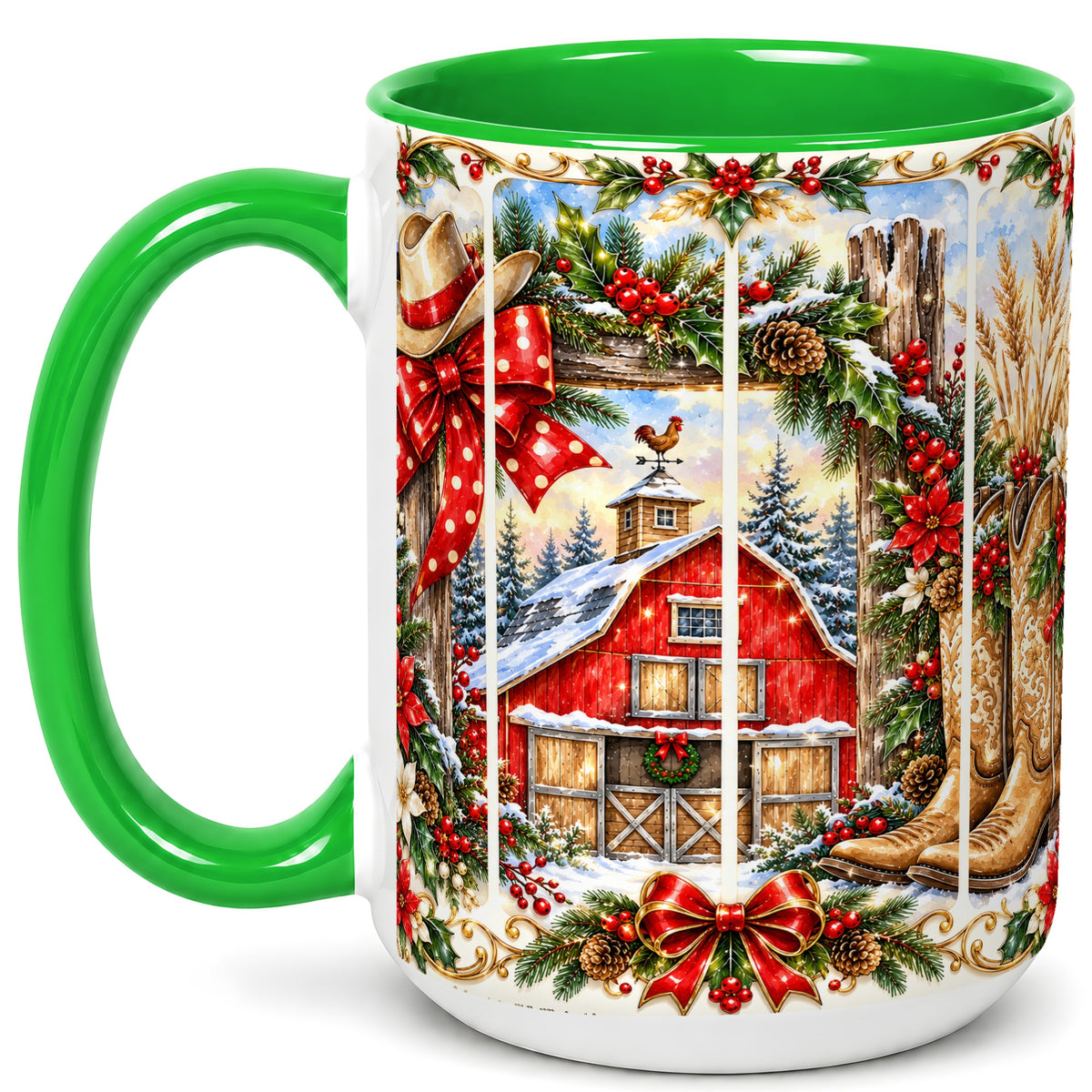#pl[15oz|Green] Ornate Western Christmas Coffee Mug, Cowboy Holiday Mug, Ceramic Cup