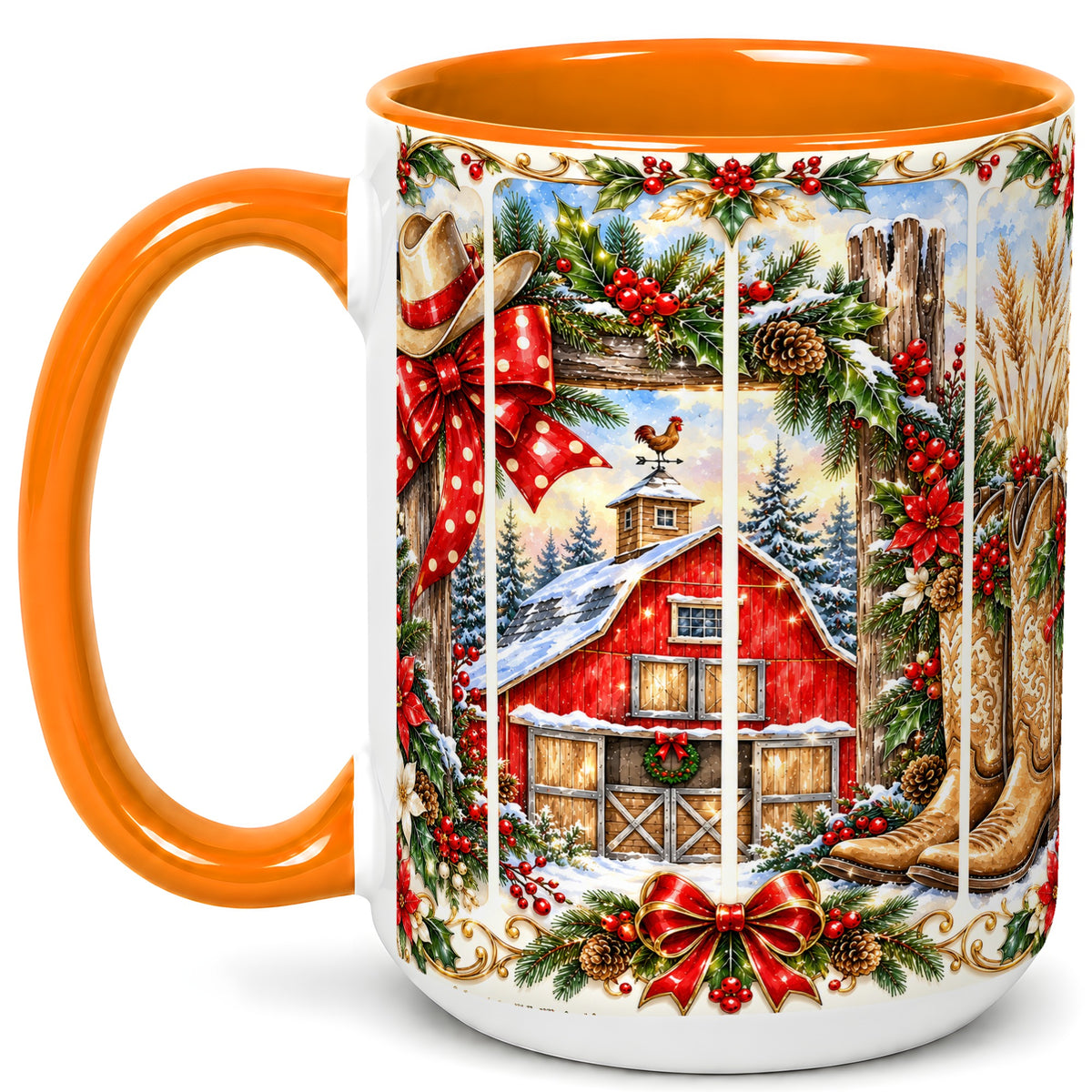 #pl[15oz|Orange] Ornate Western Christmas Coffee Mug, Cowboy Holiday Mug, Ceramic Cup