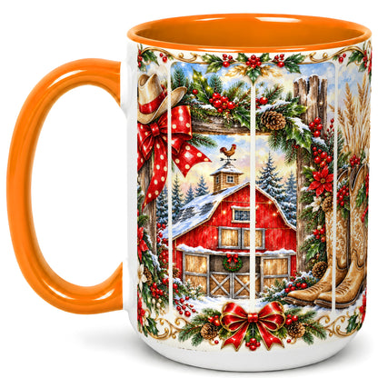 #pl[15oz|Orange] Ornate Western Christmas Coffee Mug, Cowboy Holiday Mug, Ceramic Cup
