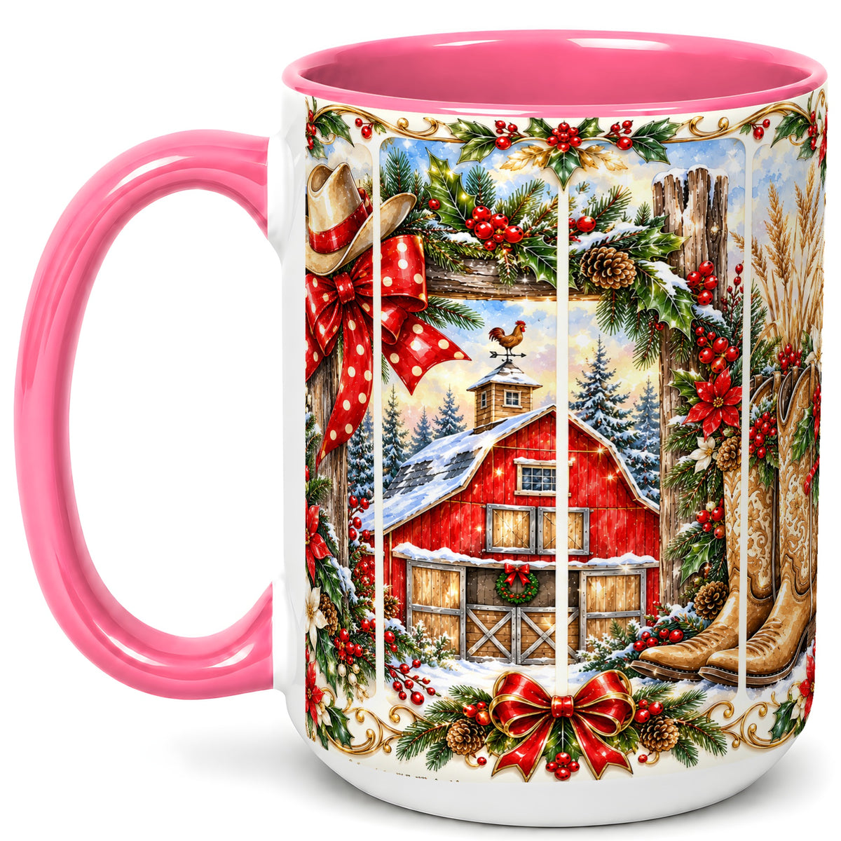 #pl[15oz|Pink] Ornate Western Christmas Coffee Mug, Cowboy Holiday Mug, Ceramic Cup