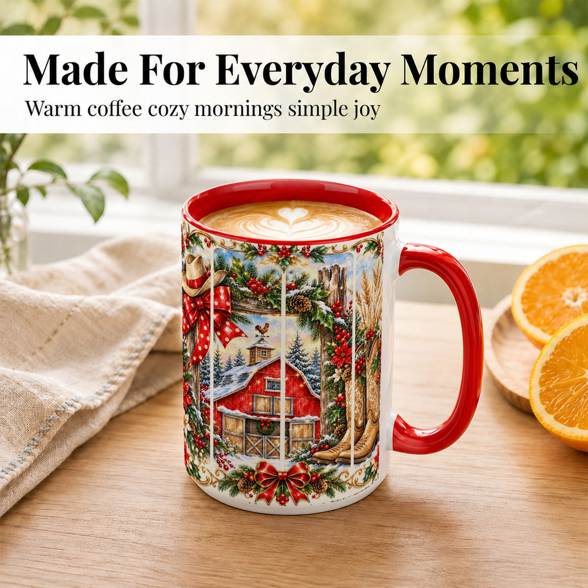 #pl[15oz|Red] Ornate Western Christmas Coffee Mug, Cowboy Holiday Mug, Ceramic Cup