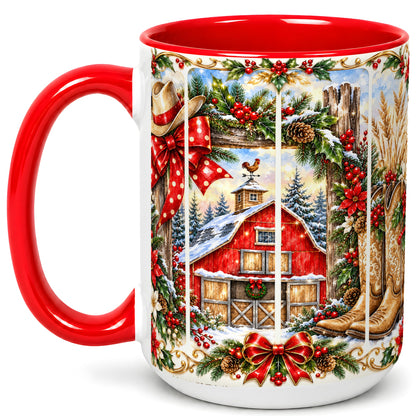 #pl[15oz|Red] Ornate Western Christmas Coffee Mug, Cowboy Holiday Mug, Ceramic Cup