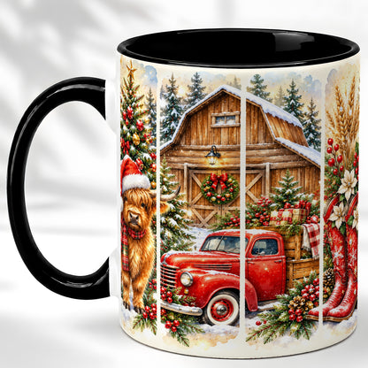 #pl[11oz|Black] Highland Cow Christmas Coffee Mug, Farmhouse Holiday Mug, Ceramic Cup