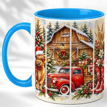 #pl[11oz|Blue] Highland Cow Christmas Coffee Mug, Farmhouse Holiday Mug, Ceramic Cup