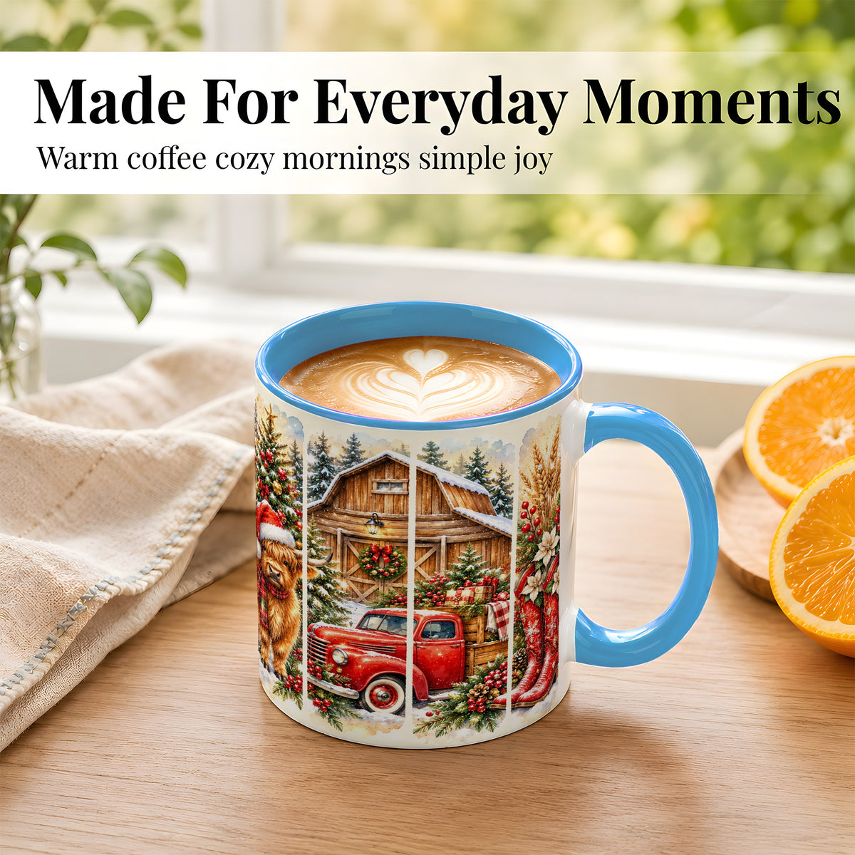 #pl[11oz|Blue] Highland Cow Christmas Coffee Mug, Farmhouse Holiday Mug, Ceramic Cup