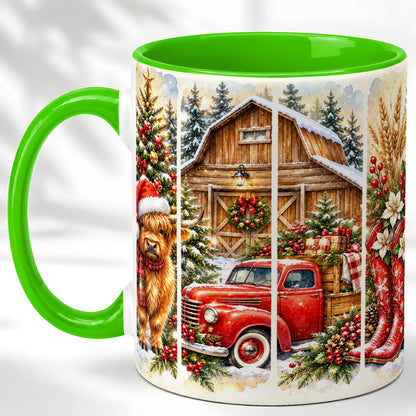 #pl[11oz|Green] Highland Cow Christmas Coffee Mug, Farmhouse Holiday Mug, Ceramic Cup