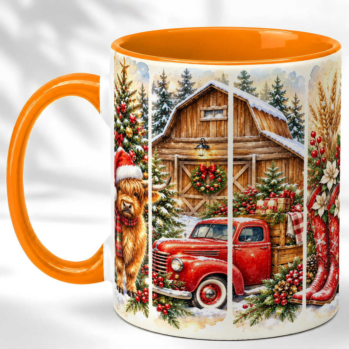 #pl[11oz|Orange] Highland Cow Christmas Coffee Mug, Farmhouse Holiday Mug, Ceramic Cup