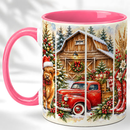 #pl[11oz|Pink] Highland Cow Christmas Coffee Mug, Farmhouse Holiday Mug, Ceramic Cup