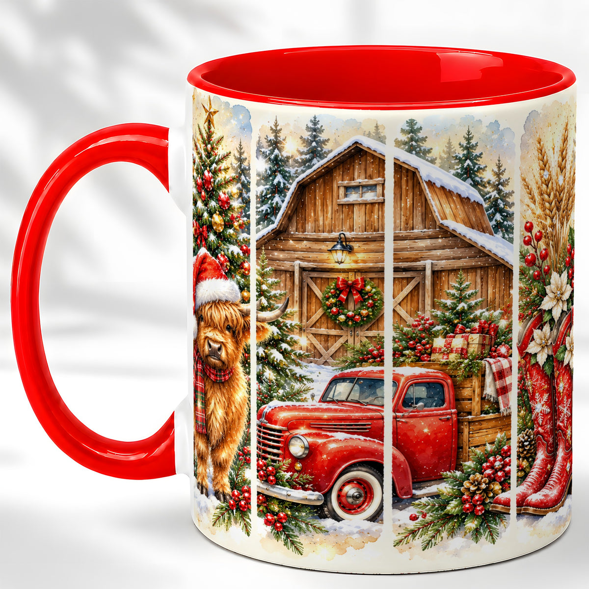 Highland Cow Christmas Coffee Mug, Farmhouse Holiday Mug, Ceramic Cup