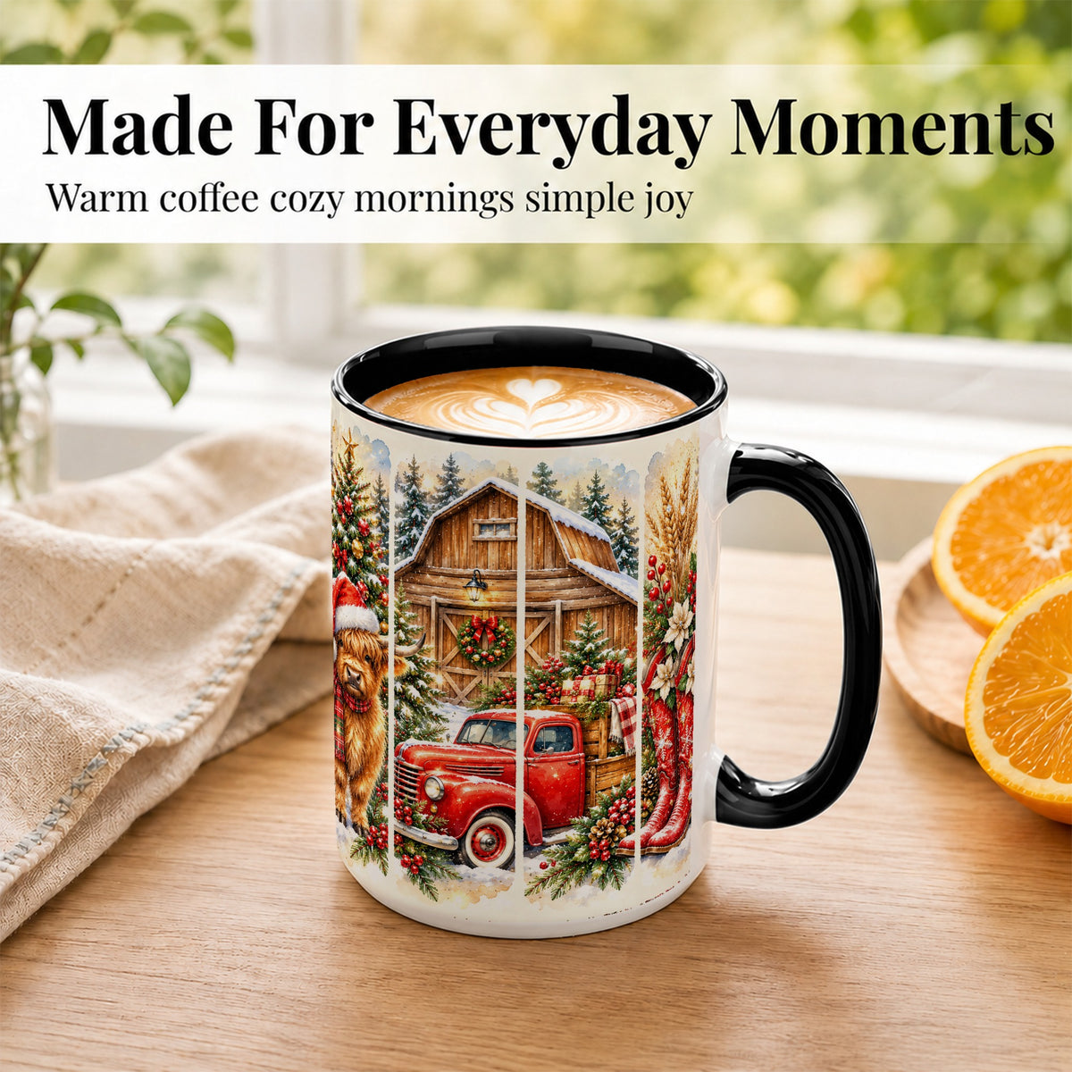 #pl[15oz|Black] Highland Cow Christmas Coffee Mug, Farmhouse Holiday Mug, Ceramic Cup
