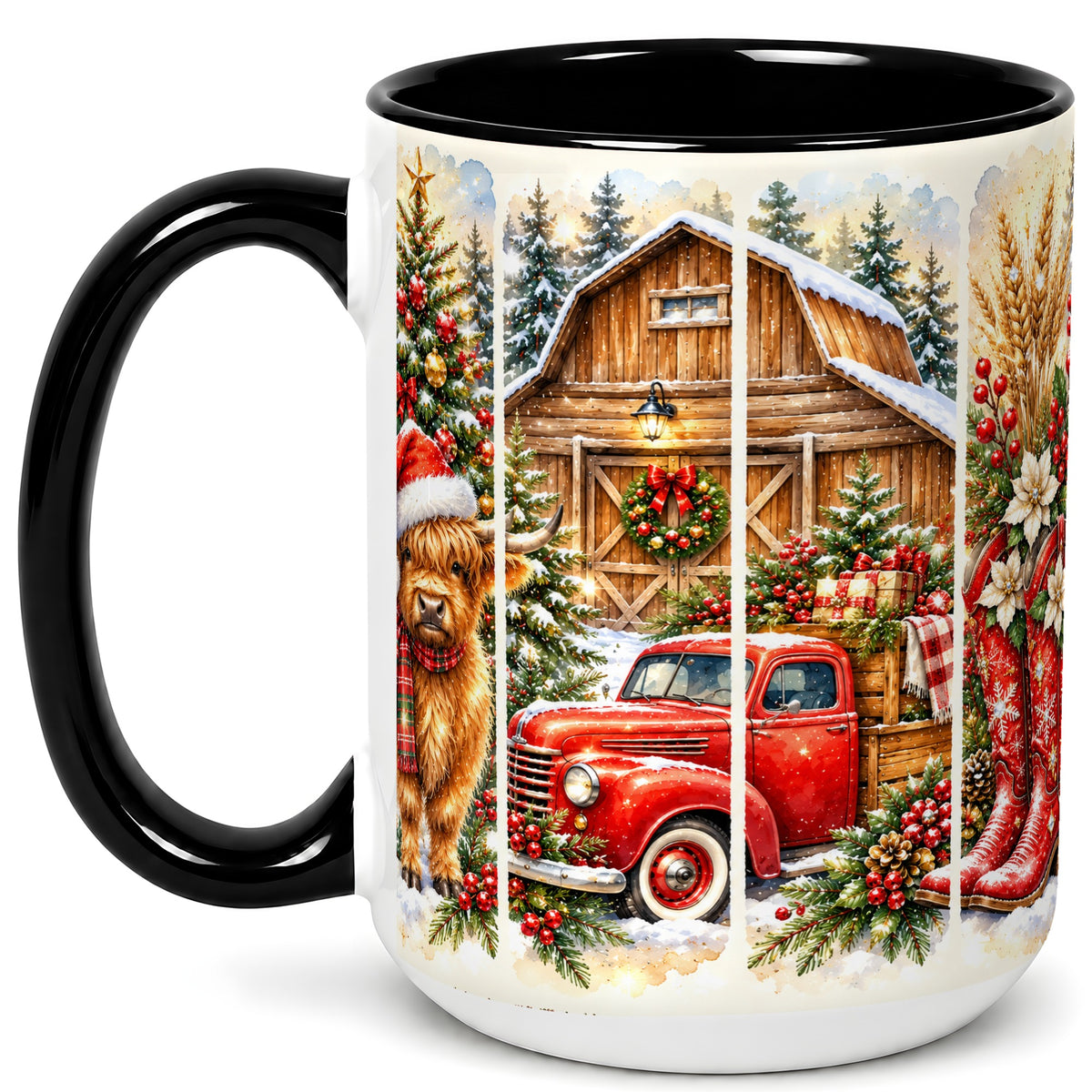 #pl[15oz|Black] Highland Cow Christmas Coffee Mug, Farmhouse Holiday Mug, Ceramic Cup