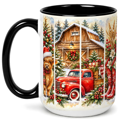 #pl[15oz|Black] Highland Cow Christmas Coffee Mug, Farmhouse Holiday Mug, Ceramic Cup