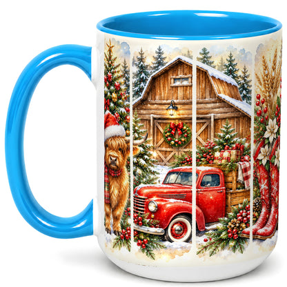 #pl[15oz|Blue] Highland Cow Christmas Coffee Mug, Farmhouse Holiday Mug, Ceramic Cup