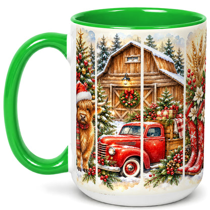 #pl[15oz|Green] Highland Cow Christmas Coffee Mug, Farmhouse Holiday Mug, Ceramic Cup