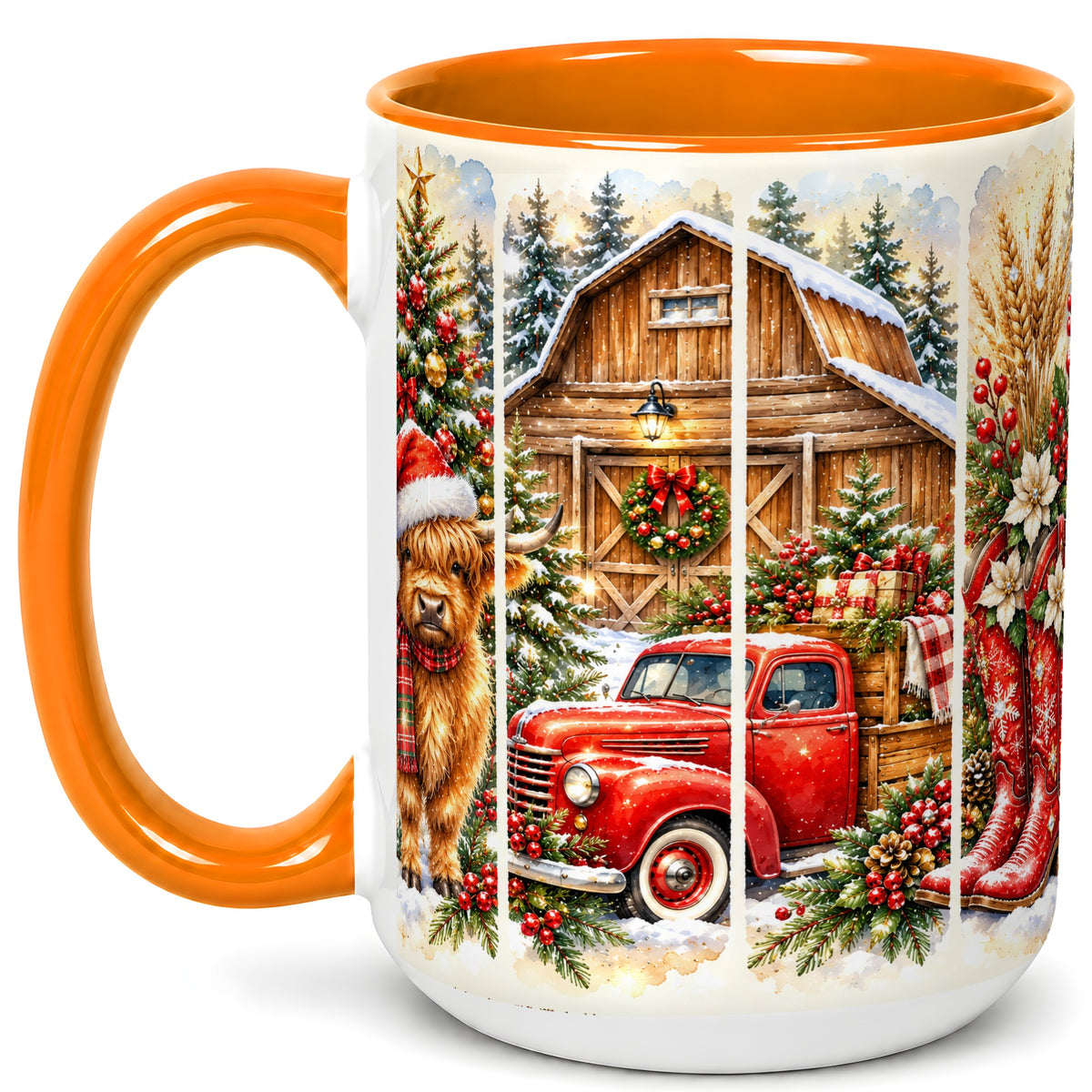 #pl[15oz|Orange] Highland Cow Christmas Coffee Mug, Farmhouse Holiday Mug, Ceramic Cup