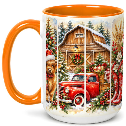 #pl[15oz|Orange] Highland Cow Christmas Coffee Mug, Farmhouse Holiday Mug, Ceramic Cup