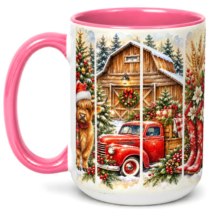 #pl[15oz|Pink] Highland Cow Christmas Coffee Mug, Farmhouse Holiday Mug, Ceramic Cup