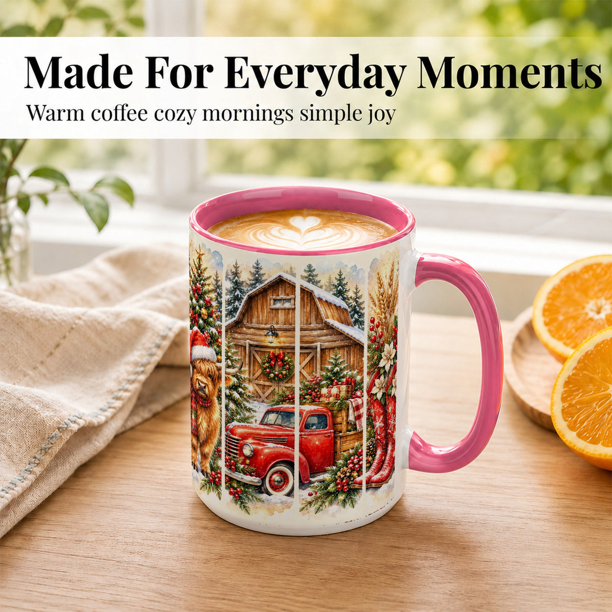 #pl[15oz|Pink] Highland Cow Christmas Coffee Mug, Farmhouse Holiday Mug, Ceramic Cup