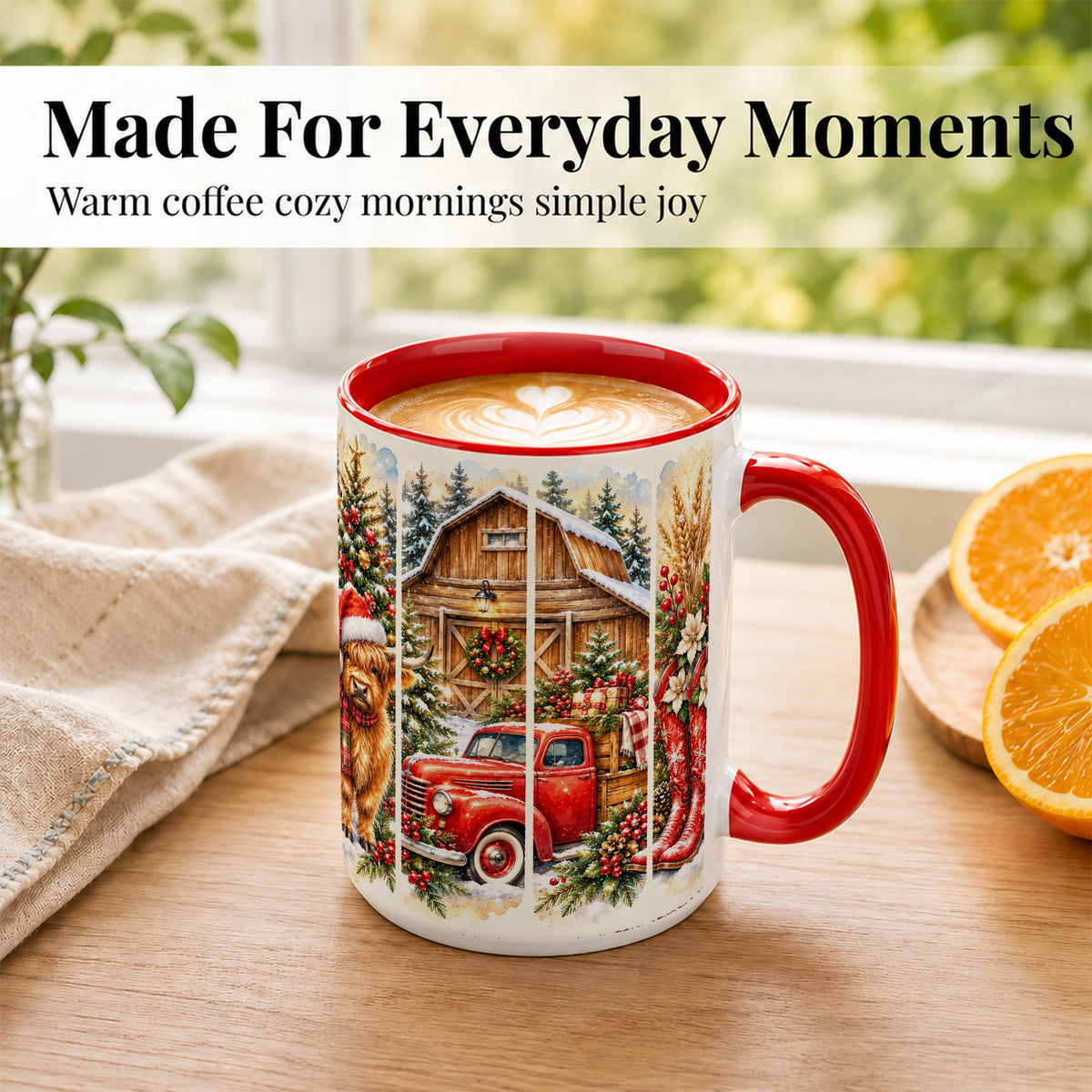 #pl[15oz|Red] Highland Cow Christmas Coffee Mug, Farmhouse Holiday Mug, Ceramic Cup