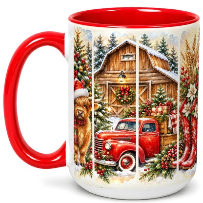 #pl[15oz|Red] Highland Cow Christmas Coffee Mug, Farmhouse Holiday Mug, Ceramic Cup