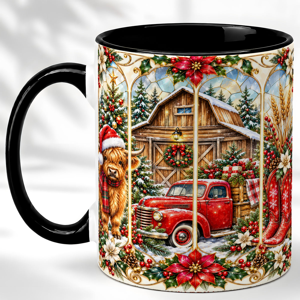#pl[11oz|Black] Highland Cow Christmas Coffee Mug, Ornate Farmhouse Mug, Ceramic Cup