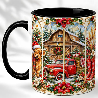 #pl[11oz|Black] Highland Cow Christmas Coffee Mug, Ornate Farmhouse Mug, Ceramic Cup