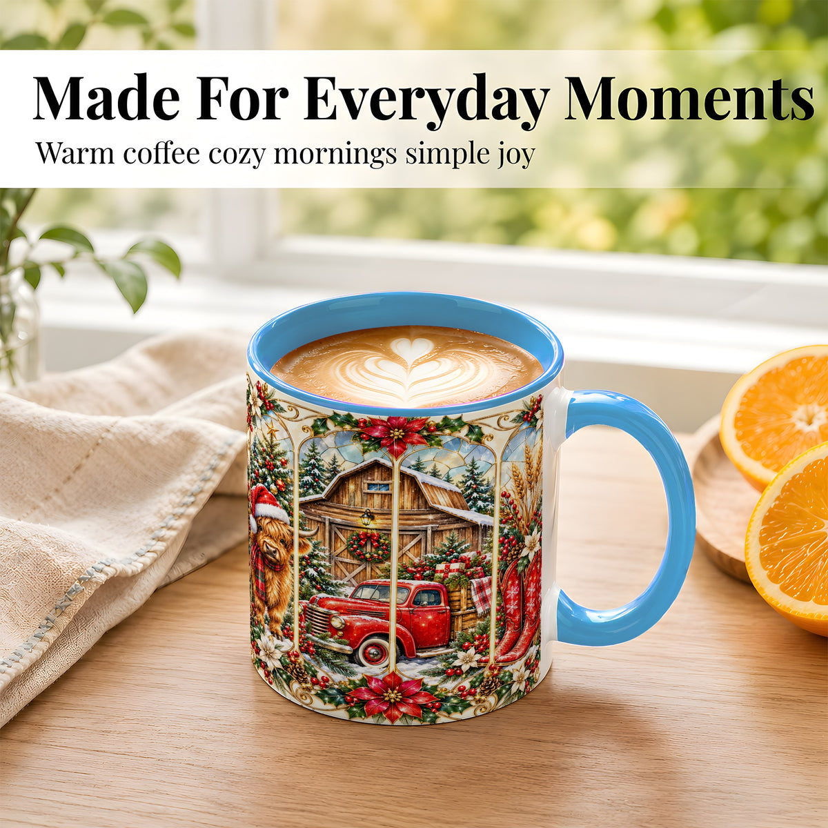 #pl[11oz|Blue] Highland Cow Christmas Coffee Mug, Ornate Farmhouse Mug, Ceramic Cup