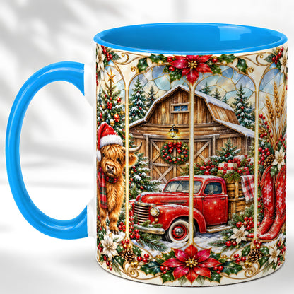 #pl[11oz|Blue] Highland Cow Christmas Coffee Mug, Ornate Farmhouse Mug, Ceramic Cup