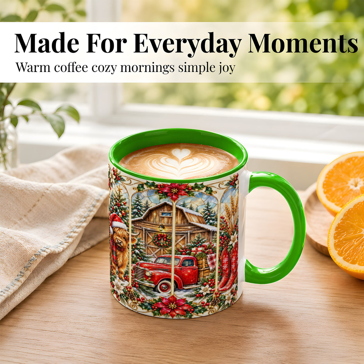 #pl[11oz|Green] Highland Cow Christmas Coffee Mug, Ornate Farmhouse Mug, Ceramic Cup