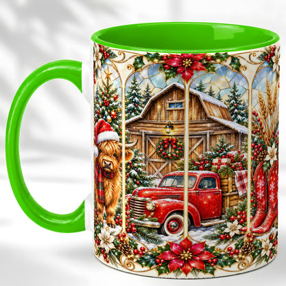 #pl[11oz|Green] Highland Cow Christmas Coffee Mug, Ornate Farmhouse Mug, Ceramic Cup