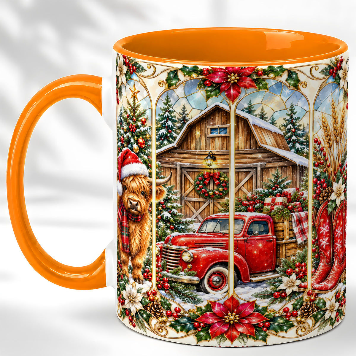 #pl[11oz|Orange] Highland Cow Christmas Coffee Mug, Ornate Farmhouse Mug, Ceramic Cup