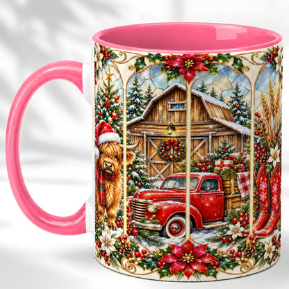 #pl[11oz|Pink] Highland Cow Christmas Coffee Mug, Ornate Farmhouse Mug, Ceramic Cup