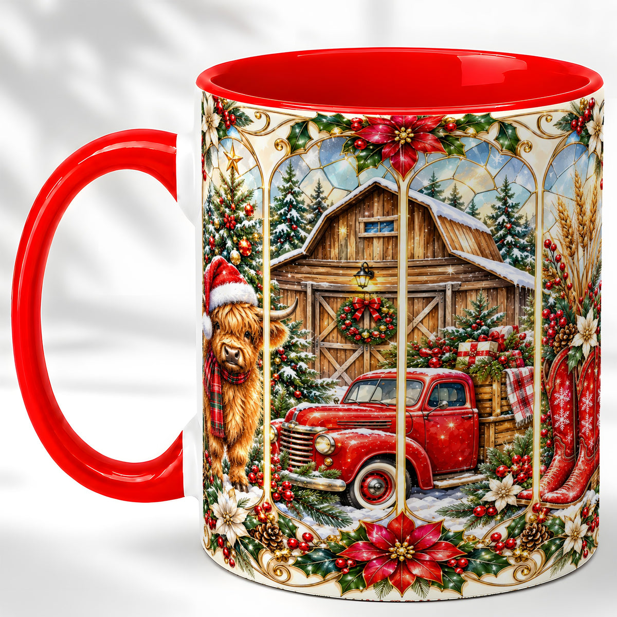 Highland Cow Christmas Coffee Mug, Ornate Farmhouse Mug, Ceramic Cup