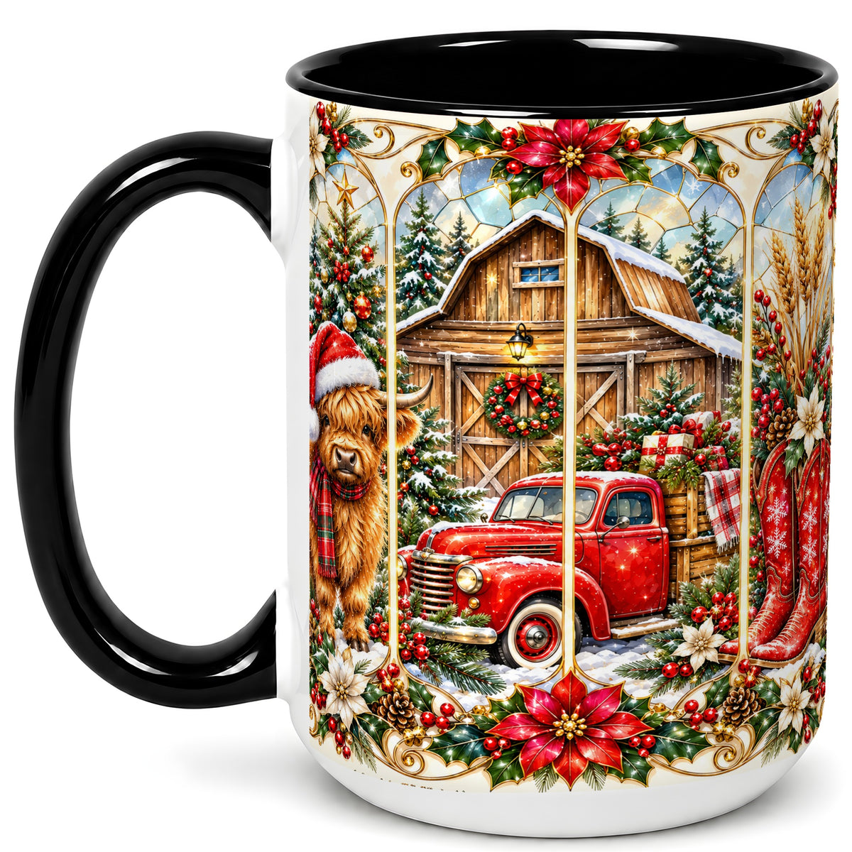 #pl[15oz|Black] Highland Cow Christmas Coffee Mug, Ornate Farmhouse Mug, Ceramic Cup