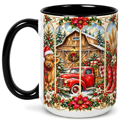 #pl[15oz|Black] Highland Cow Christmas Coffee Mug, Ornate Farmhouse Mug, Ceramic Cup