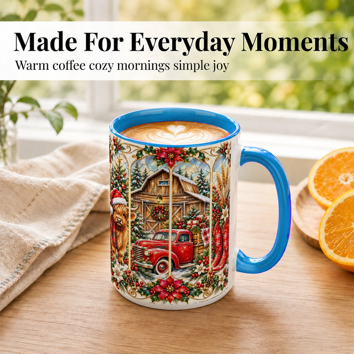 #pl[15oz|Blue] Highland Cow Christmas Coffee Mug, Ornate Farmhouse Mug, Ceramic Cup