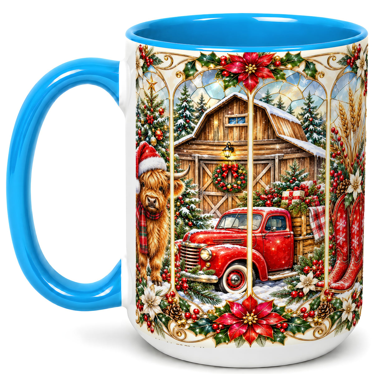 #pl[15oz|Blue] Highland Cow Christmas Coffee Mug, Ornate Farmhouse Mug, Ceramic Cup