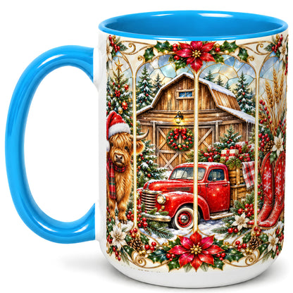 #pl[15oz|Blue] Highland Cow Christmas Coffee Mug, Ornate Farmhouse Mug, Ceramic Cup